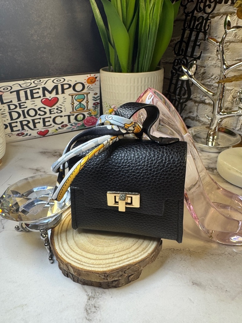 Classic Black Pebbled Mini Top-Handle Bag with Scarf Accent